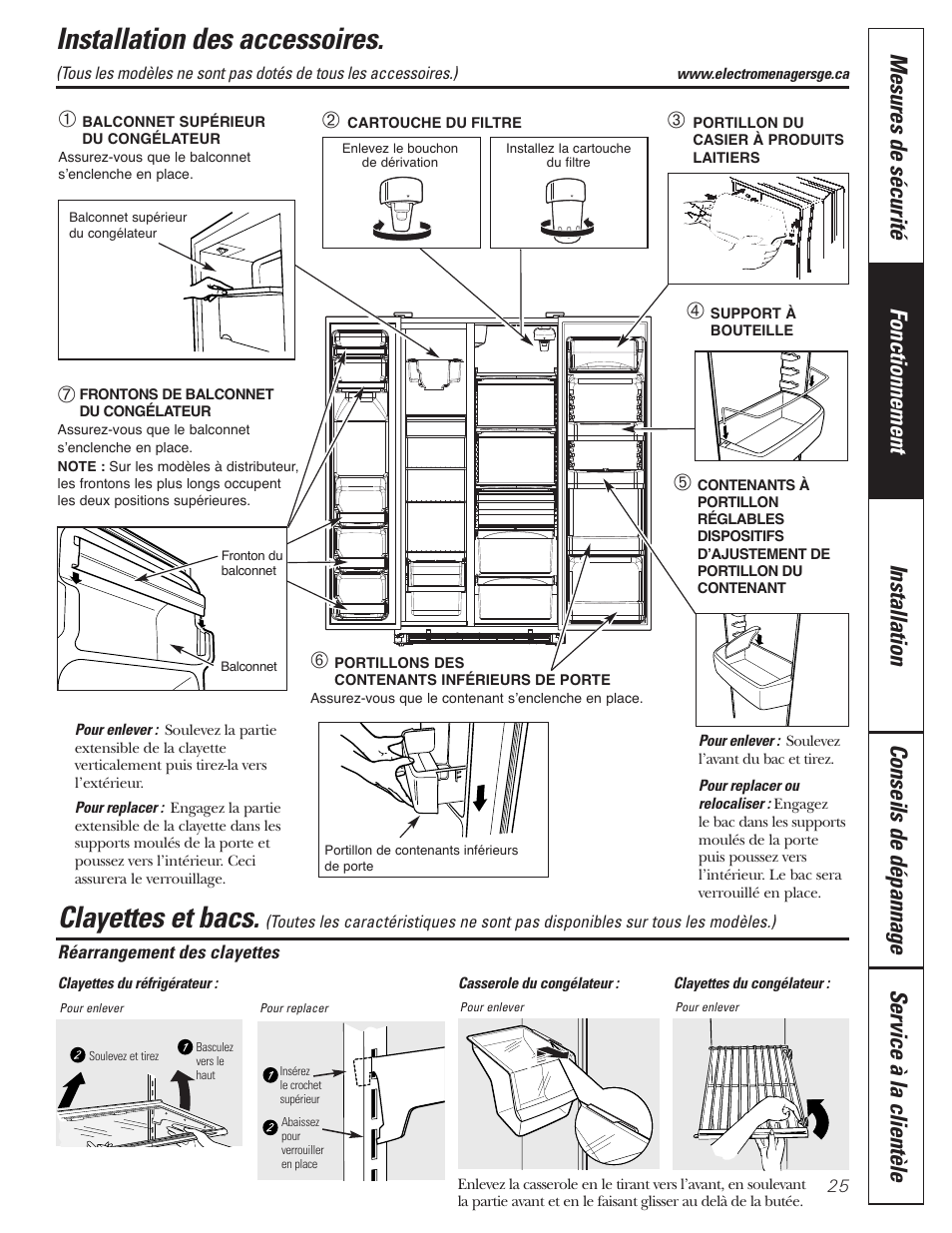 Clayettes et bacs, Installation des accessoires, Clayettes et bacs installation des accessoires | GE 197D3351P020 User Manual | Page 25 / 64