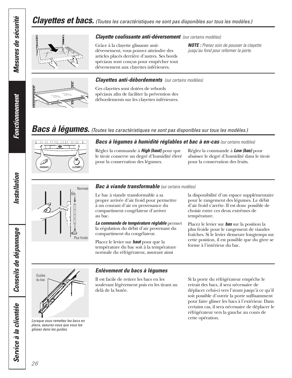 Bacs à légumes, Clayettes et bacs | GE 197D3351P020 User Manual | Page 26 / 64