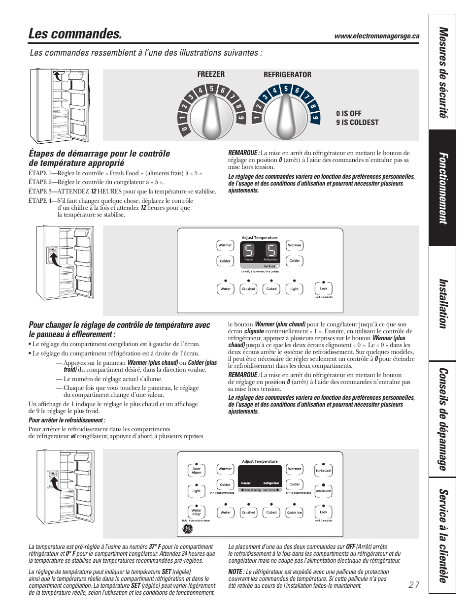 Les commandes | GE 197D3351P020 User Manual | Page 27 / 64