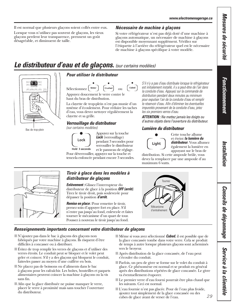 Le distributeur d’eau et de glaçons | GE 197D3351P020 User Manual | Page 29 / 64