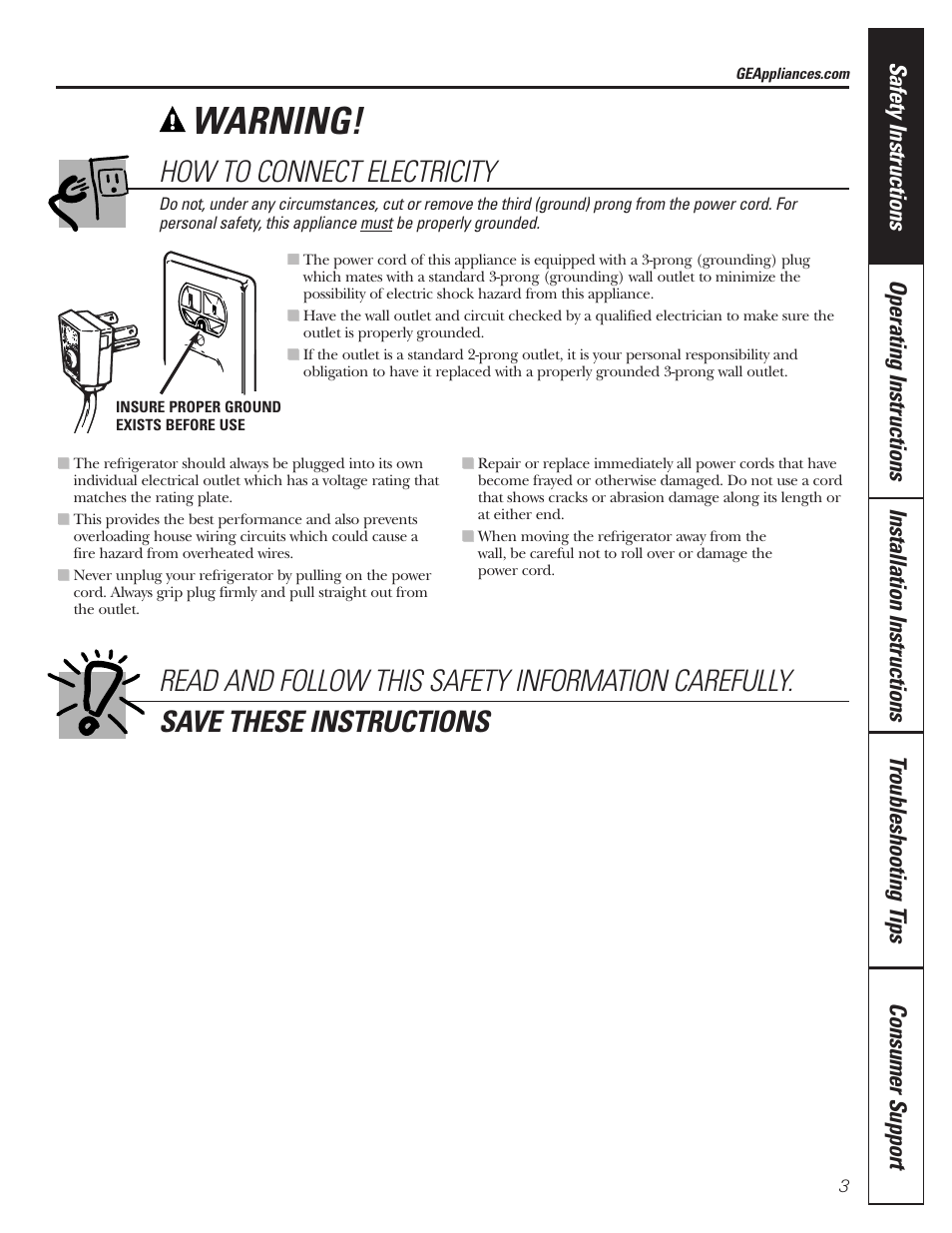 Connect electricity, Warning, How to connect electricity | GE 197D3351P020 User Manual | Page 3 / 64