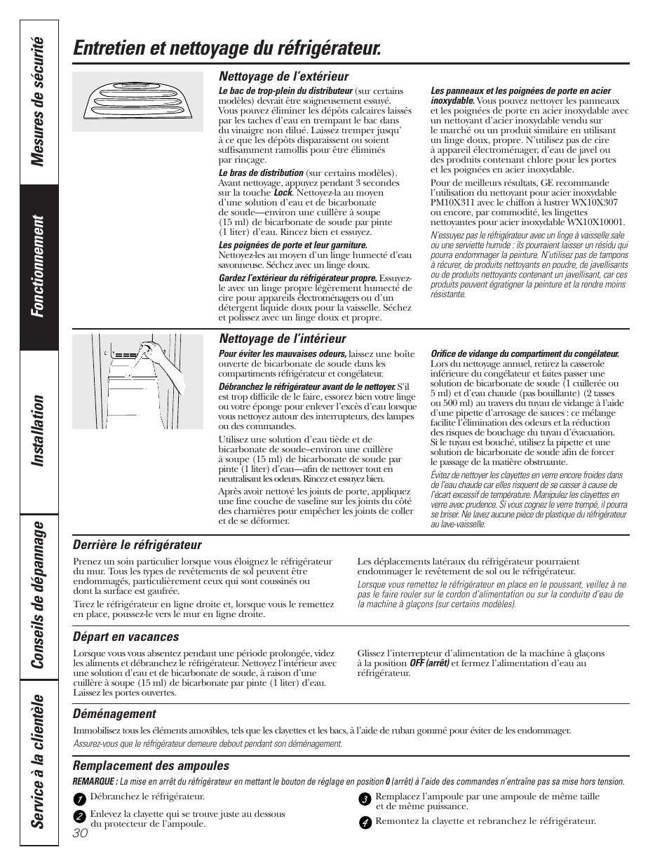 Nettoyage, Remplacement des ampoules, Nettoyage remplacement des ampoules | Entretien et nettoyage du réfrigérateur | GE 197D3351P020 User Manual | Page 30 / 64