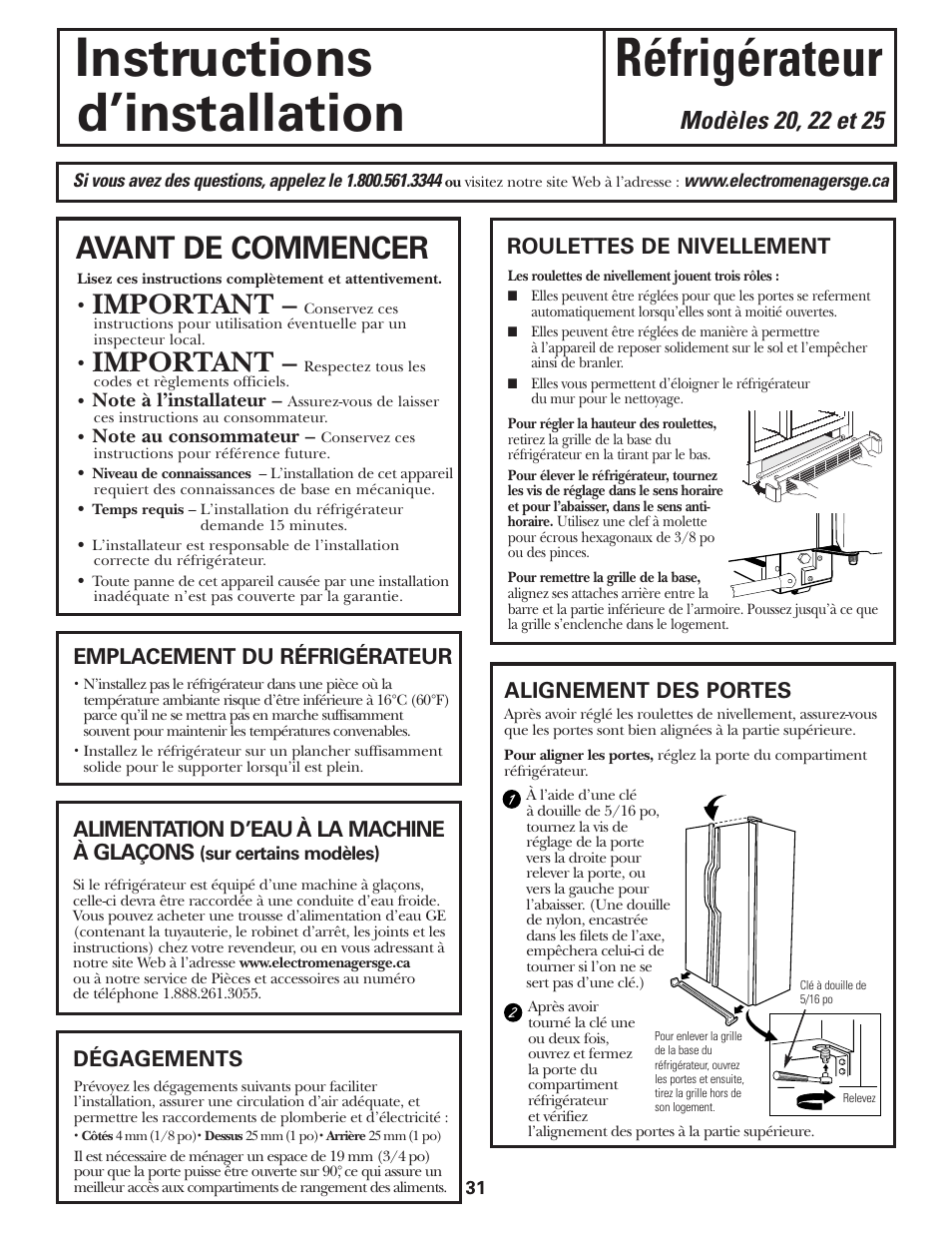 Préparation, Instructions réfrigérateur d’installation, Avant de commencer | Important | GE 197D3351P020 User Manual | Page 31 / 64