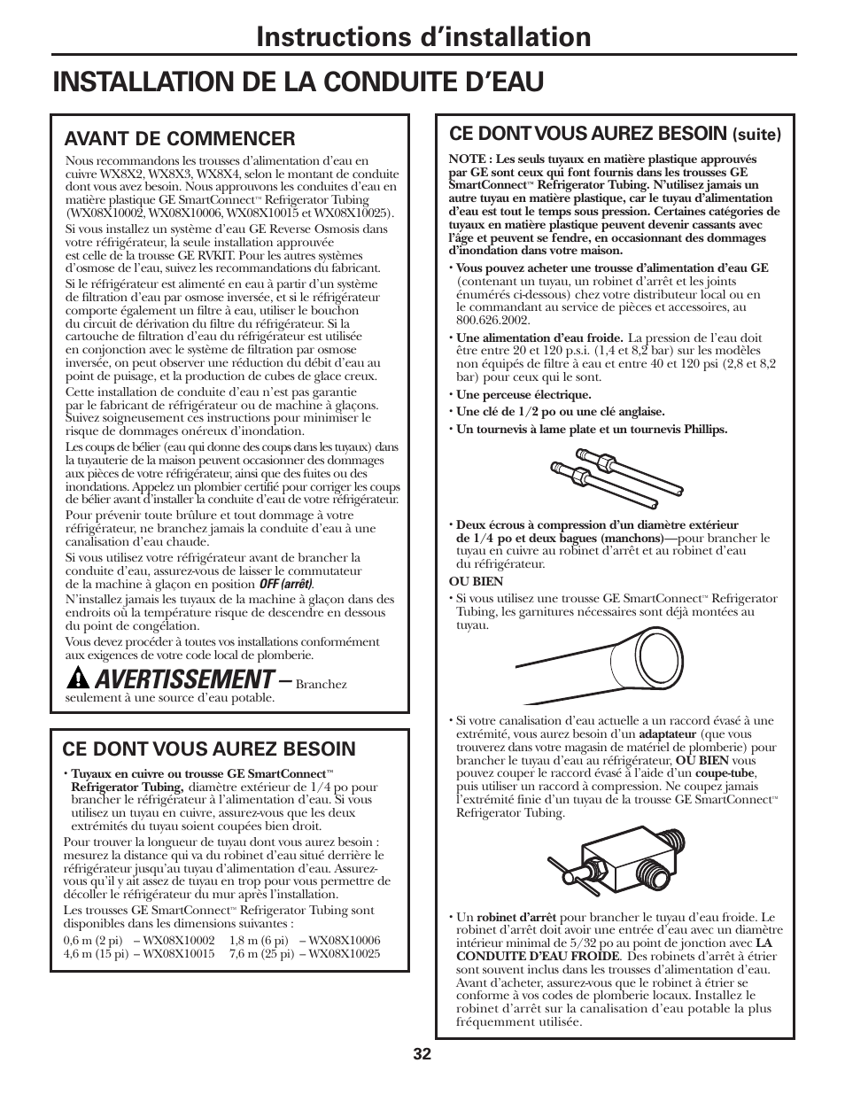 Installation de la conduite d’eau, Installation de la conduite d’eau –34, Avertissement | Avant de commencer ce dont vous aurez besoin, Ce dont vous aurez besoin | GE 197D3351P020 User Manual | Page 32 / 64