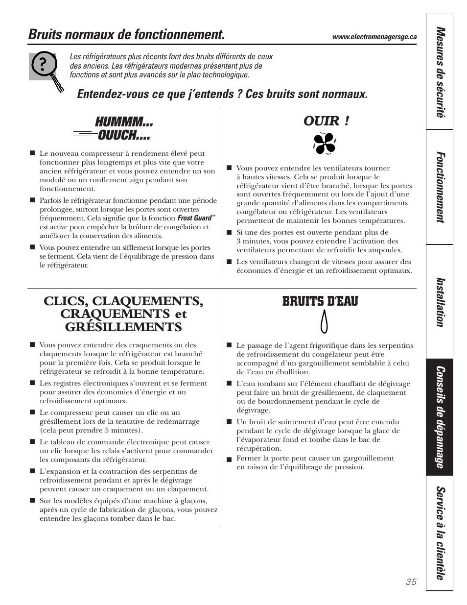 Bruits de fonctionnement normaux, Bruits normaux de fonctionnement, Hummm... ouuch | Clics, claquements, craquements et grésillements, Bruits d’eau, Ouir | GE 197D3351P020 User Manual | Page 35 / 64