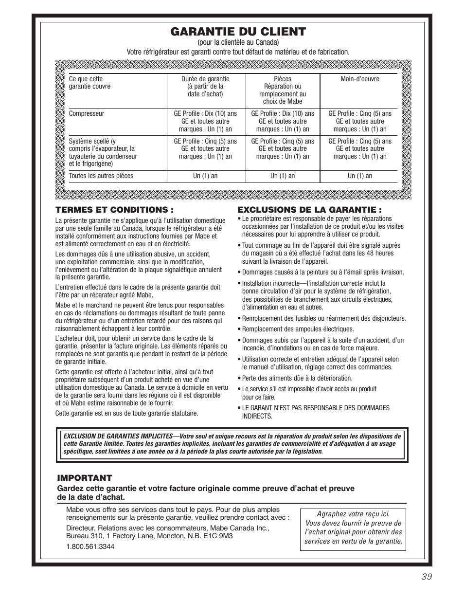 Garantie pour la clientèle au canada, Garantie du client | GE 197D3351P020 User Manual | Page 39 / 64