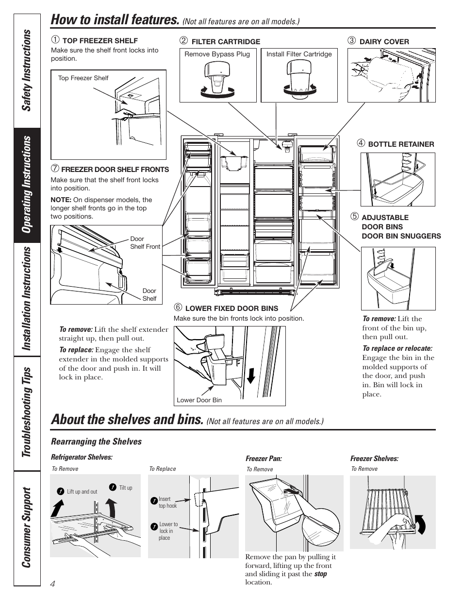 How to install features, Shelves and bins, About the shelves and bins | GE 197D3351P020 User Manual | Page 4 / 64