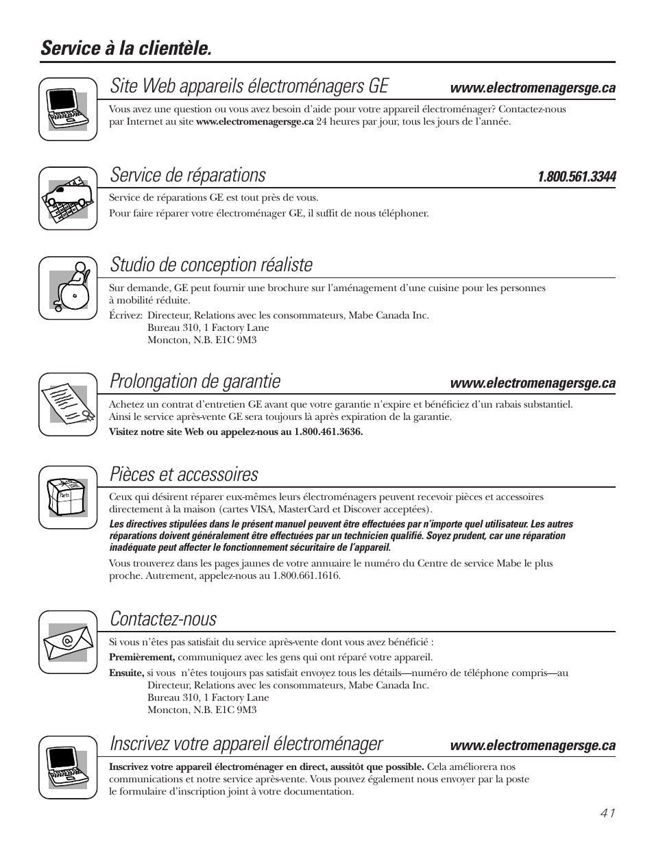 Service à la clientèle, Service de réparations, Studio de conception réaliste | Prolongation de garantie, Pièces et accessoires, Contactez-nous, Inscrivez votre appareil électroménager | GE 197D3351P020 User Manual | Page 41 / 64