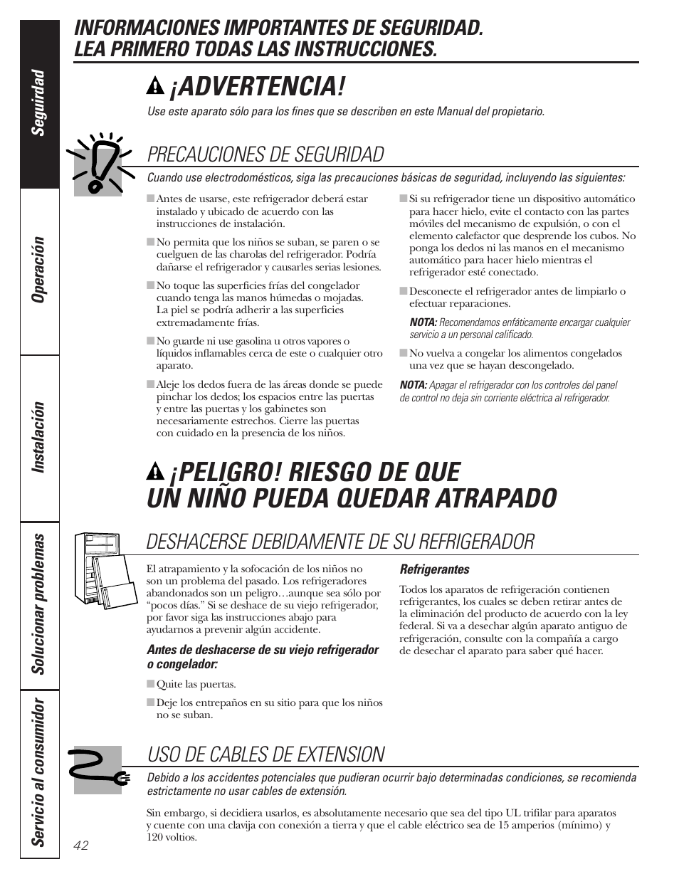 Cables de extensión, Deshacerse debidamente de su refrigerador, Precauciones de seguridad | Advertencia, Uso de cables de extension | GE 197D3351P020 User Manual | Page 42 / 64