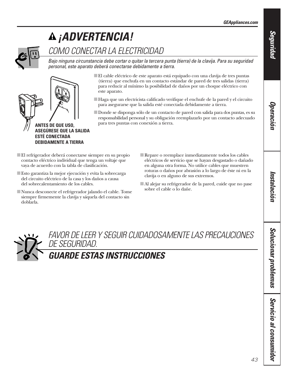 Conectar la electricidad, Advertencia, Como conectar la electricidad | GE 197D3351P020 User Manual | Page 43 / 64