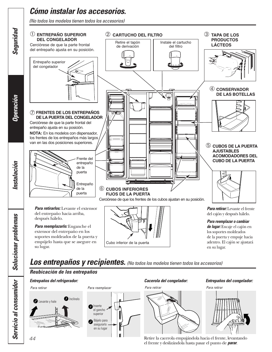 Entrepaños y recipientes, Instalación de las características, Entrepaños y recipientes –45 | Cómo instalar los accesorios, Los entrepaños y recipientes | GE 197D3351P020 User Manual | Page 44 / 64