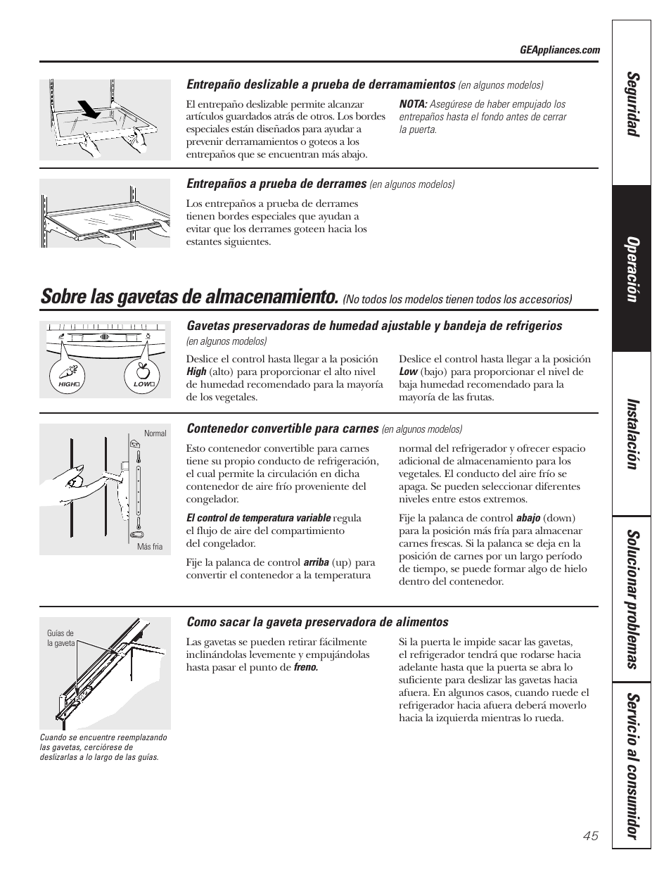 Gavetas de almacenamiento, Sobre las gavetas de almacenamiento | GE 197D3351P020 User Manual | Page 45 / 64