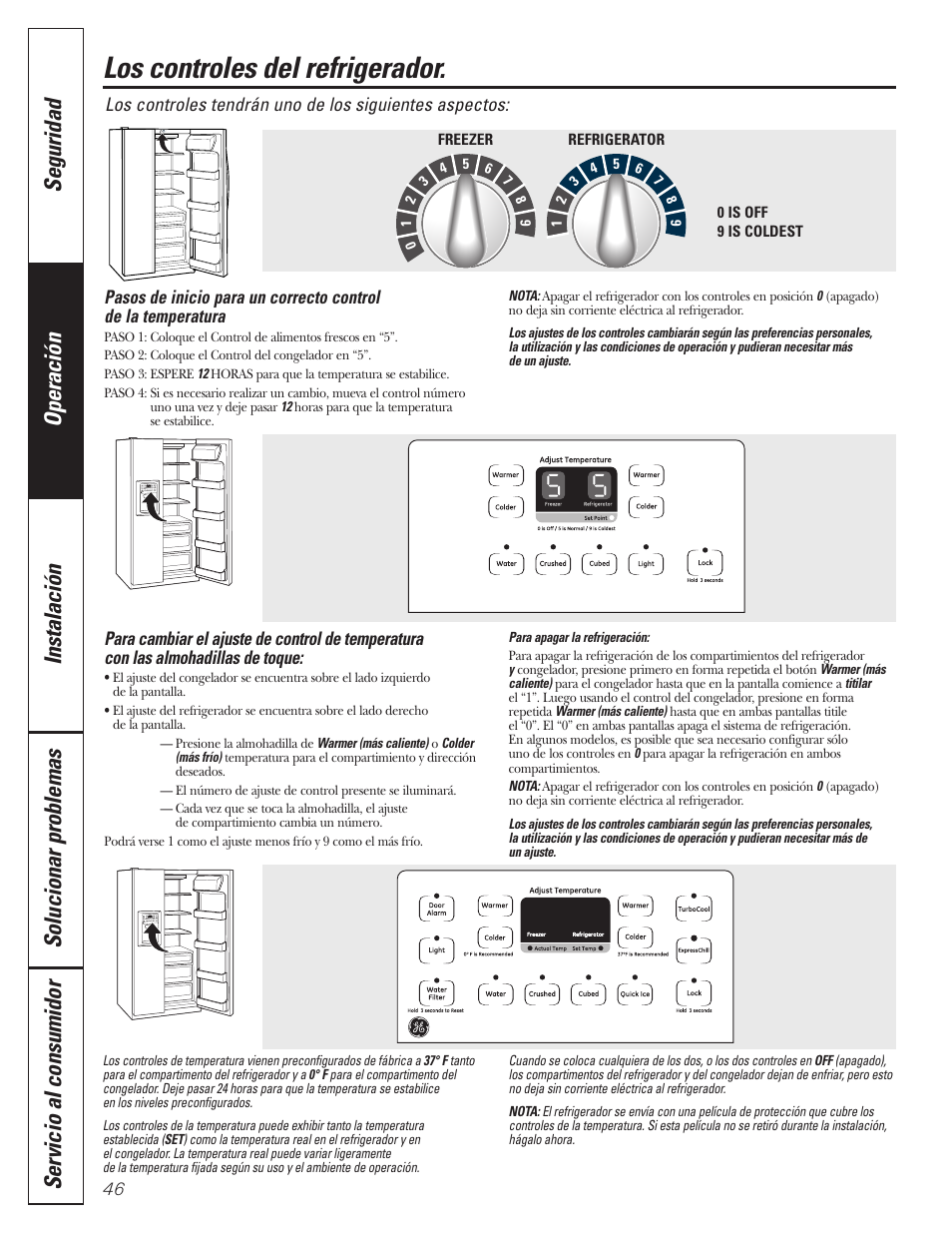 Controles del refrigerador, Los controles del refrigerador | GE 197D3351P020 User Manual | Page 46 / 64