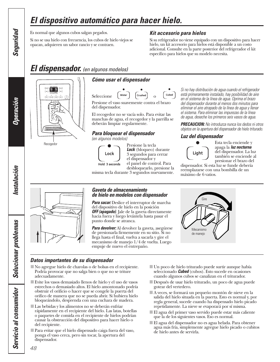 Dispensador, El dispositivo automático para hacer hielo, El dispensador | GE 197D3351P020 User Manual | Page 48 / 64