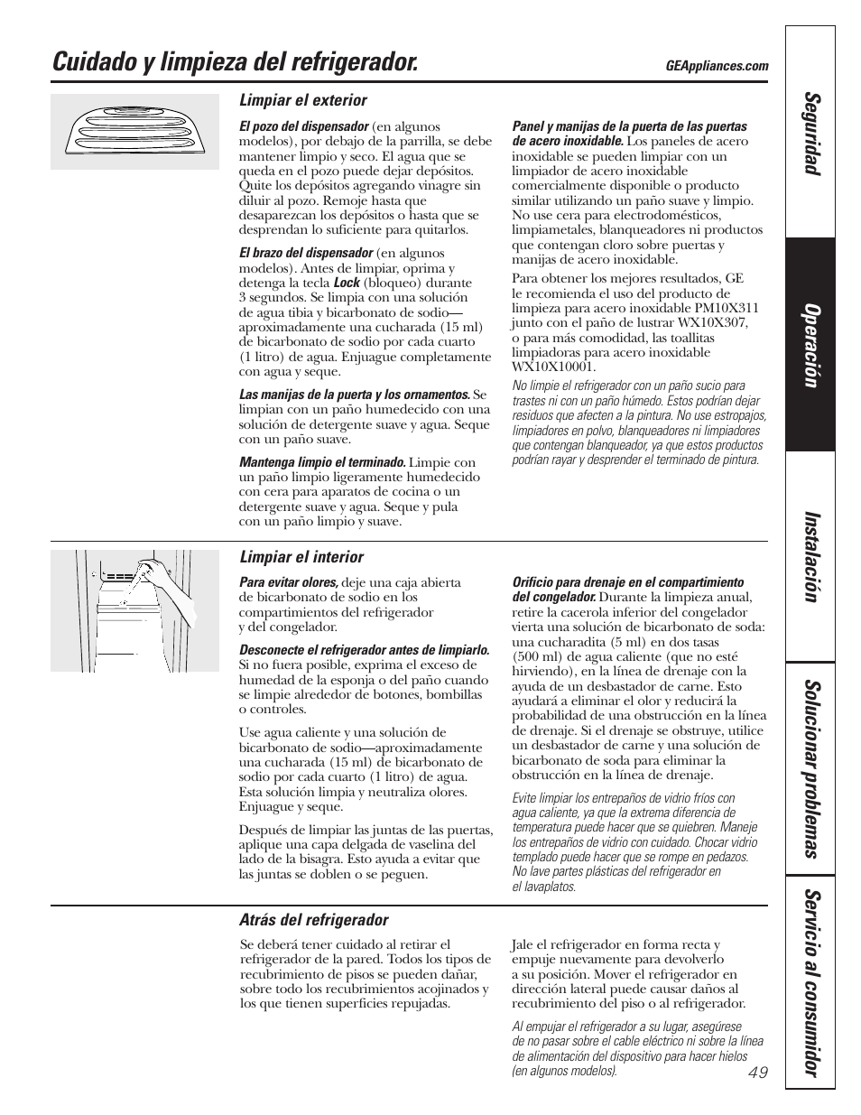 Limpieza, Limpieza –50, Cuidado y limpieza del refrigerador | GE 197D3351P020 User Manual | Page 49 / 64