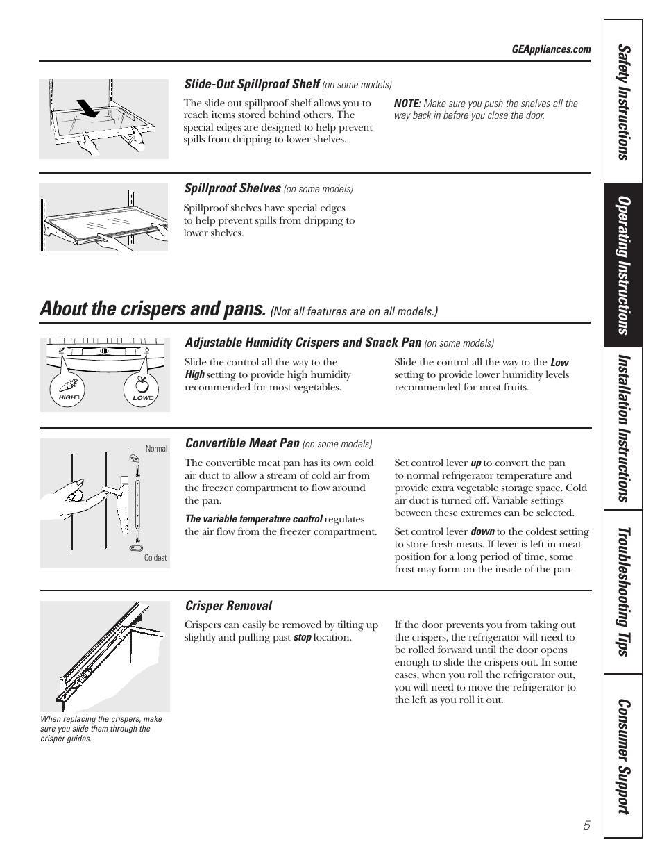 Crispers and pans, About the crispers and pans | GE 197D3351P020 User Manual | Page 5 / 64