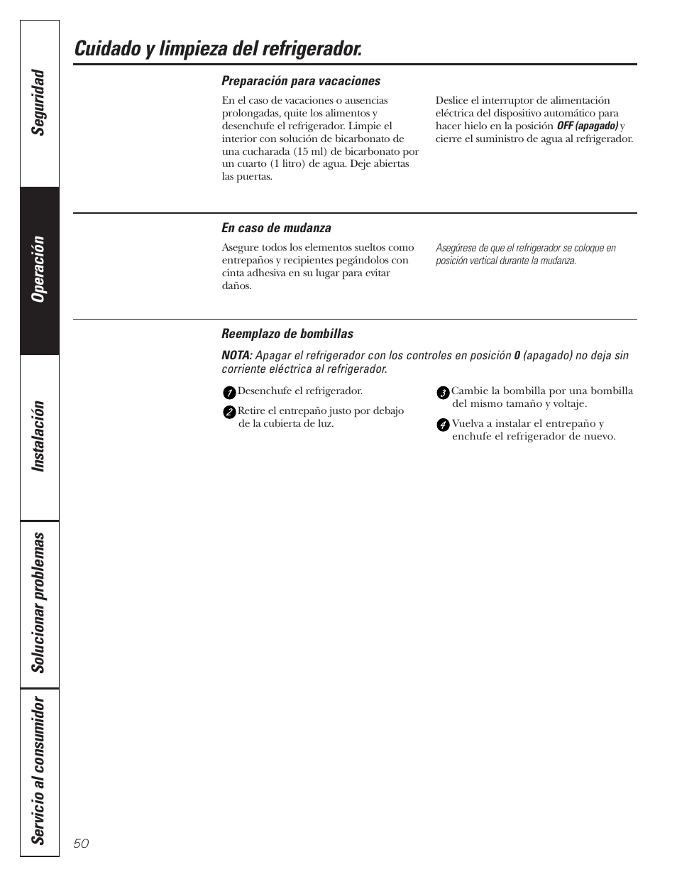 Reemplazo de bombillas, Cuidado y limpieza del refrigerador | GE 197D3351P020 User Manual | Page 50 / 64