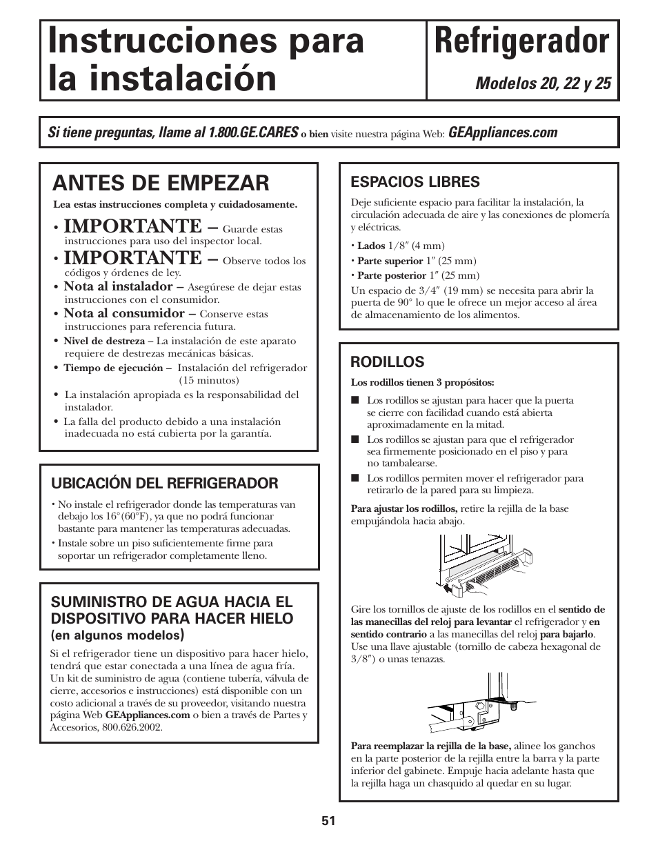 Preparación para instalar el refrigerador, Preparación para instalar el refrigerador –52, Instrucciones para refrigerador la instalación | Antes de empezar, Importante | GE 197D3351P020 User Manual | Page 51 / 64