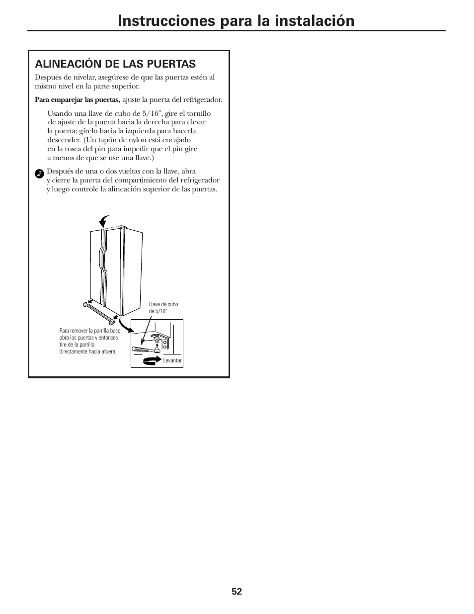 Instrucciones para la instalación, Alineación de las puertas | GE 197D3351P020 User Manual | Page 52 / 64