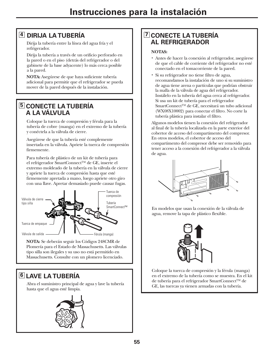 Instrucciones para la instalación, Conecte la tubería a la válvula, Lave la tubería | Dirija la tubería, Conecte la tubería al refrigerador | GE 197D3351P020 User Manual | Page 55 / 64