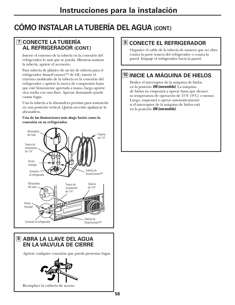 Instrucciones para la instalación, Cómo instalar la tubería del agua, Conecte el refrigerador | Inicie la máquina de hielos, Abra la llave del agua en la válvula de cierre, Conecte la tubería al refrigerador, Cont.) | GE 197D3351P020 User Manual | Page 56 / 64