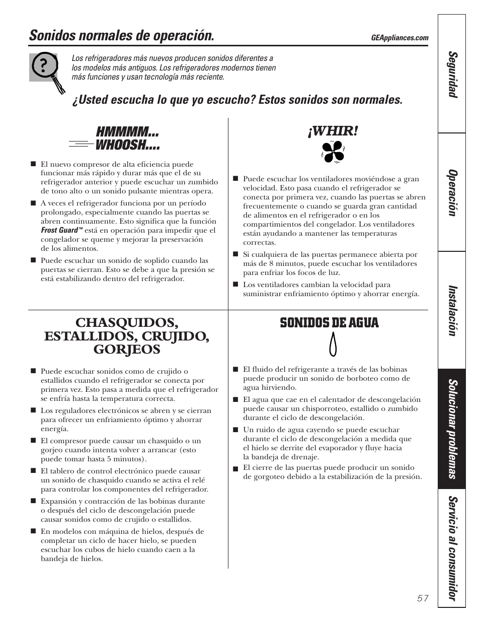 Sonidos normales de la operación, Sonidos normales de operación, Chasquidos, estallidos, crujido, gorjeos | Sonidos de agua, Whir | GE 197D3351P020 User Manual | Page 57 / 64