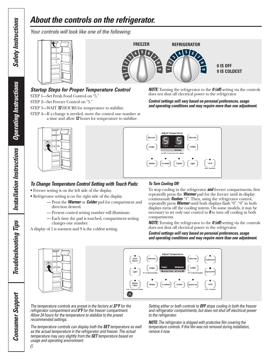 Controls, About the controls on the refrigerator | GE 197D3351P020 User Manual | Page 6 / 64