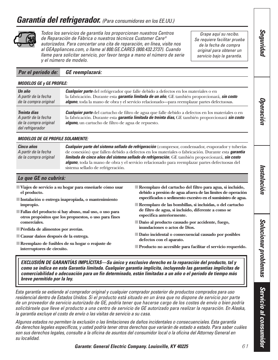 Garantía para consumidores en los estados unidos, Garantía del refrigerador | GE 197D3351P020 User Manual | Page 61 / 64