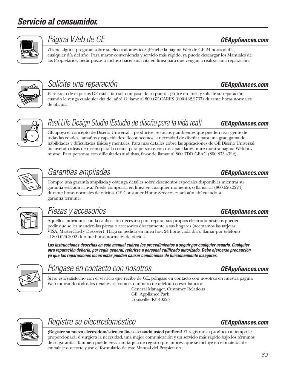 Servicio al consumidor, Servicio al consumidor. página web de ge, Solicite una reparación | Garantías ampliadas, Piezas y accesorios, Póngase en contacto con nosotros, Registre su electrodoméstico | GE 197D3351P020 User Manual | Page 63 / 64