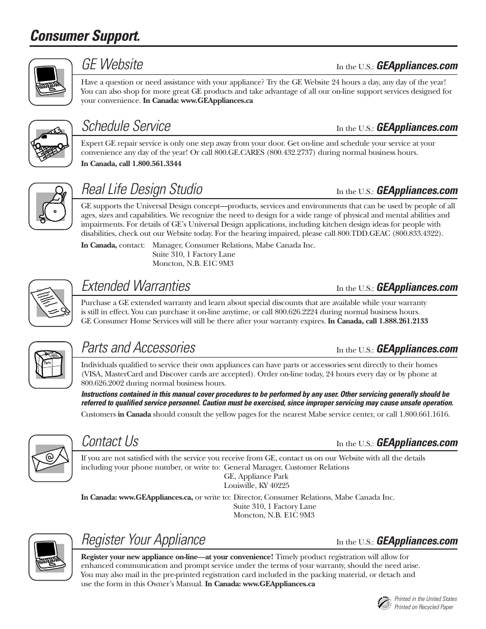 Consumer support, Consumer support . . . .back cover, Consumer support. ge website | Schedule service, Real life design studio, Extended warranties, Parts and accessories, Contact us, Register your appliance | GE 197D3351P020 User Manual | Page 64 / 64