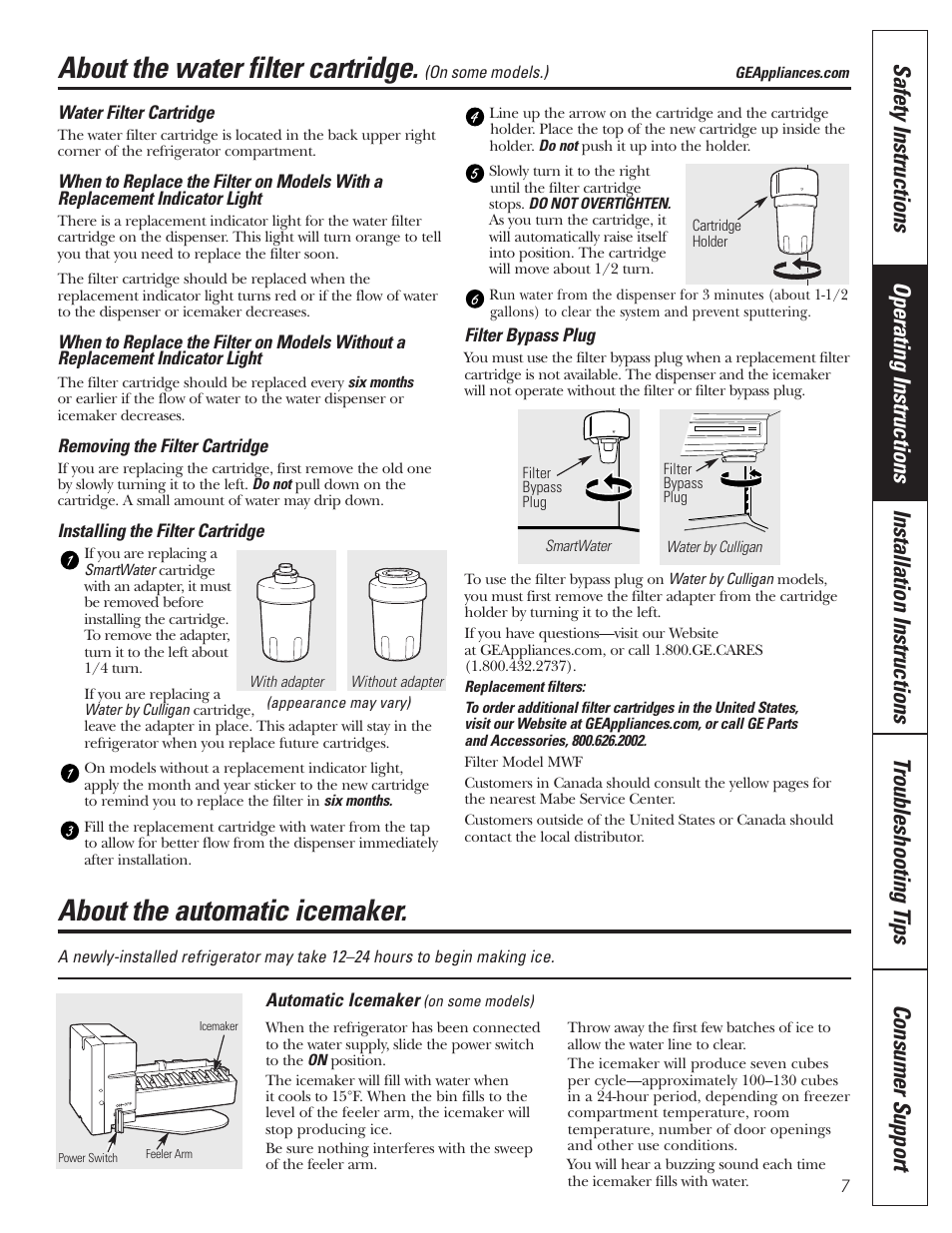 Automatic icemaker, Water filter cartridge, Automatic icemaker –8 | About the water filter cartridge, About the automatic icemaker | GE 197D3351P020 User Manual | Page 7 / 64