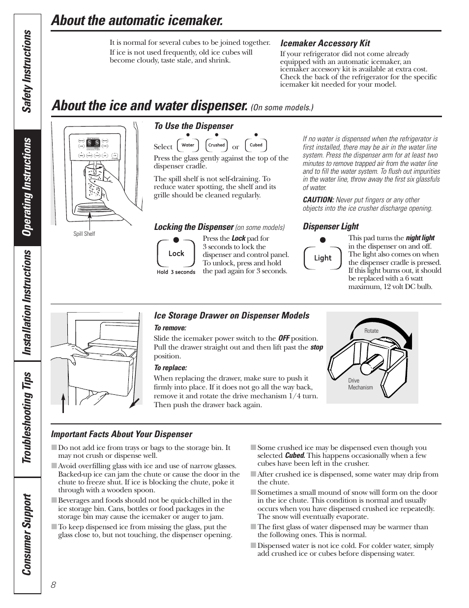 Ice and water dispenser, About the automatic icemaker, About the ice and water dispenser | GE 197D3351P020 User Manual | Page 8 / 64