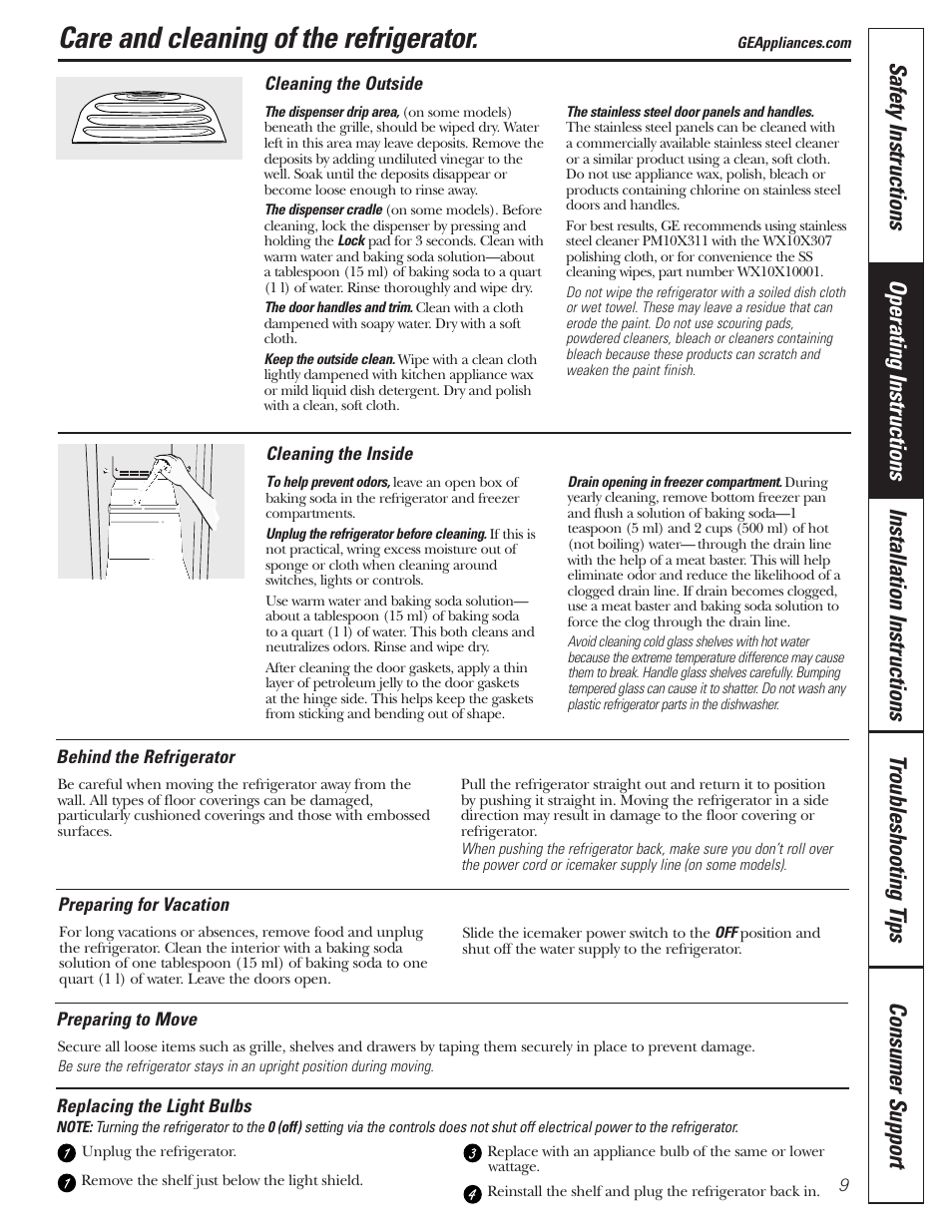 Cleaning, Light bulbs, Cleaning light bulbs | Care and cleaning of the refrigerator | GE 197D3351P020 User Manual | Page 9 / 64