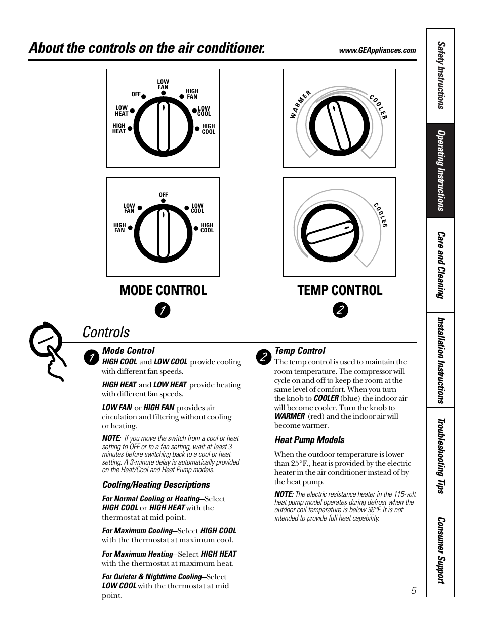 Controls, Controls , 6, About the controls on the air conditioner | Mode control temp control, Mode control, Cooling/heating descriptions, Temp control, Heat pump models | GE 10 AZA User Manual | Page 5 / 28