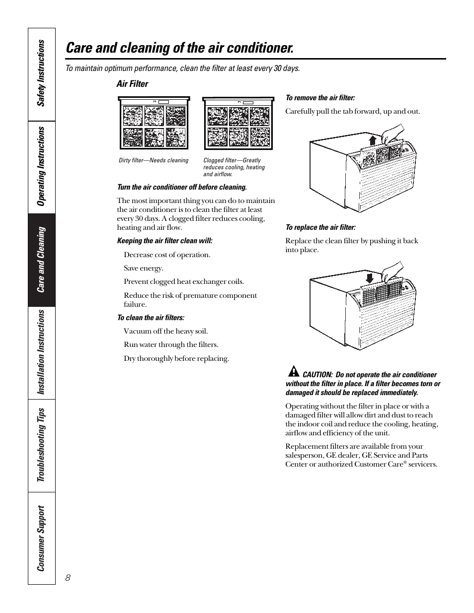 Air filter, Care and cleaning of the air conditioner | GE 10 AZA User Manual | Page 8 / 28