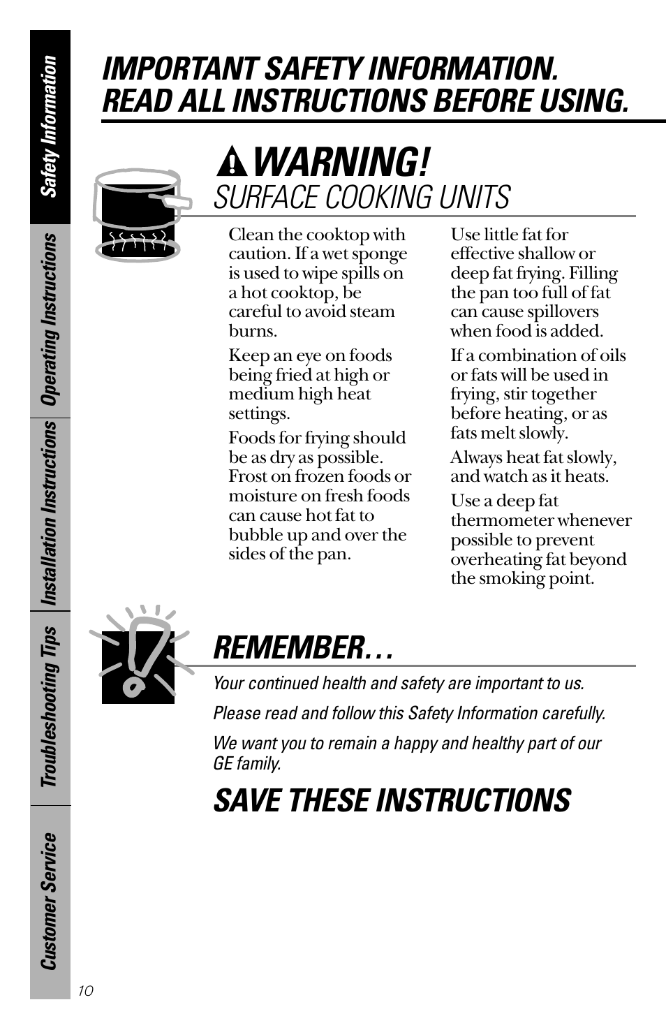 Using the surface units, Using the surface units , 11, Warning | Remember, Save these instructions | GE 164D3333P172 User Manual | Page 10 / 44