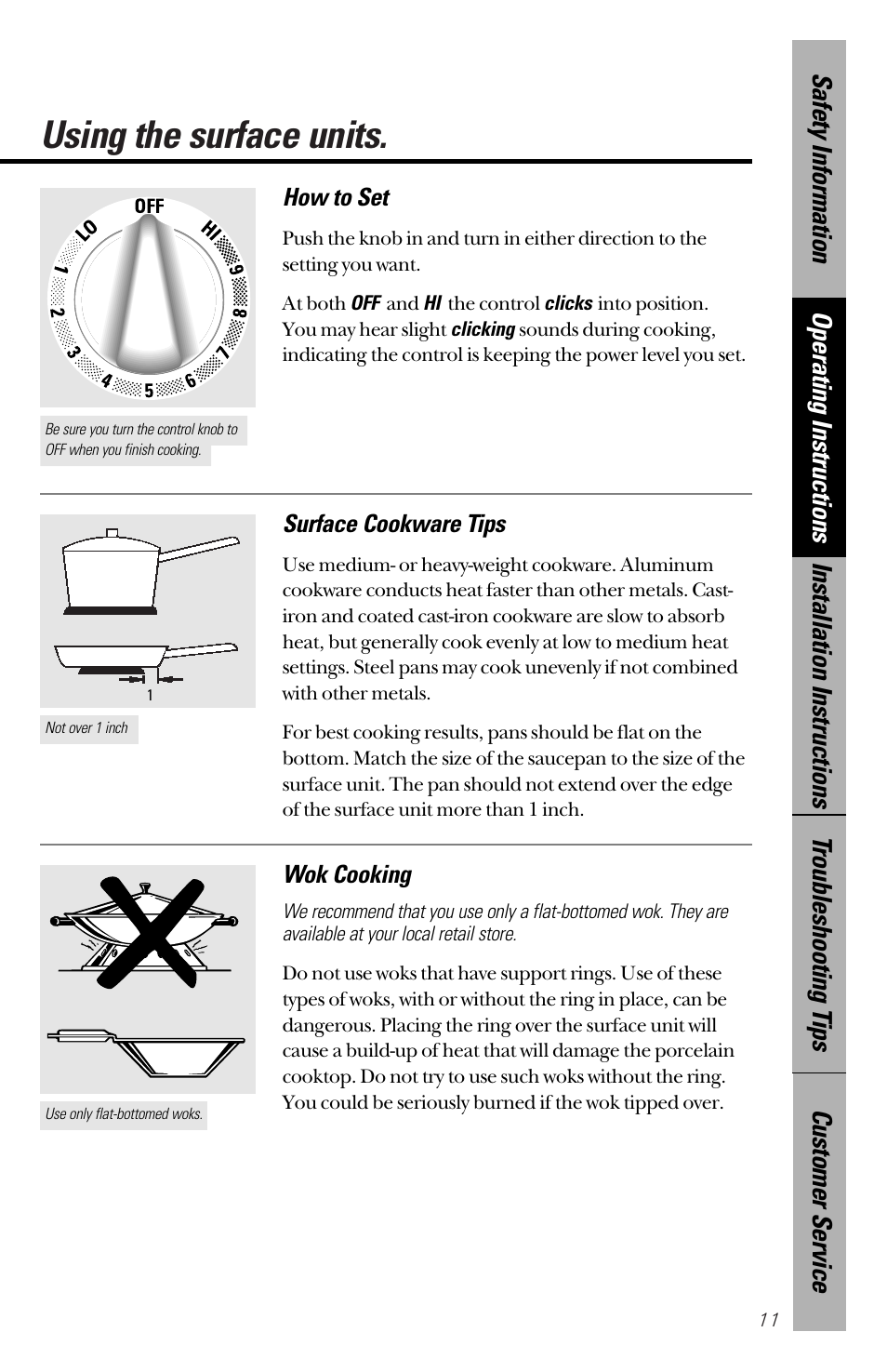 Using the surface units, How to set, Wok cooking | Surface cookware tips | GE 164D3333P172 User Manual | Page 11 / 44