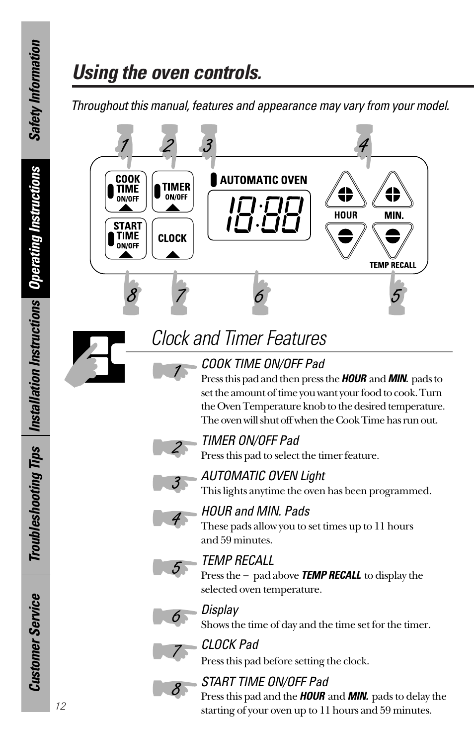 Using the oven, Using the oven –15, Using the oven controls | Clock and timer features | GE 164D3333P172 User Manual | Page 12 / 44