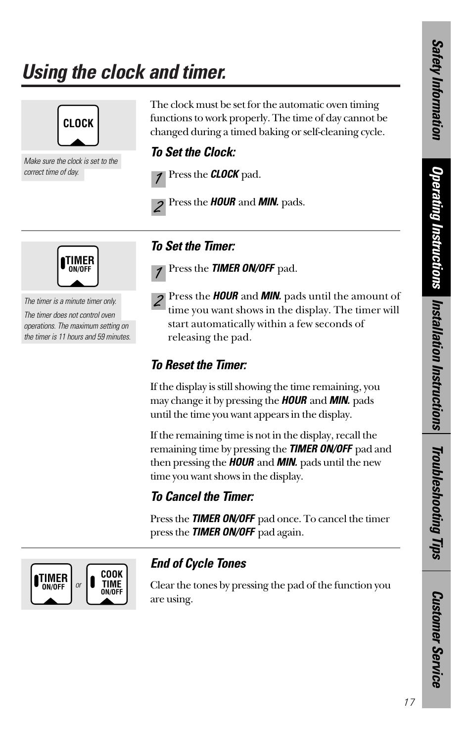 Using the clock and timer, End of cycle tones | GE 164D3333P172 User Manual | Page 17 / 44
