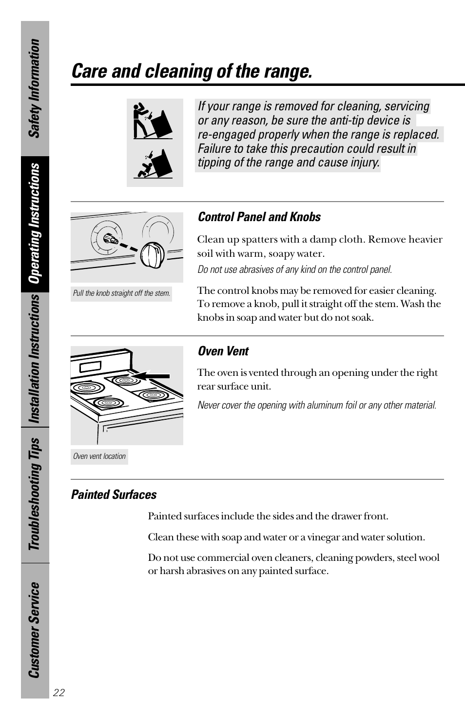 Care and cleaning of the range | GE 164D3333P172 User Manual | Page 22 / 44