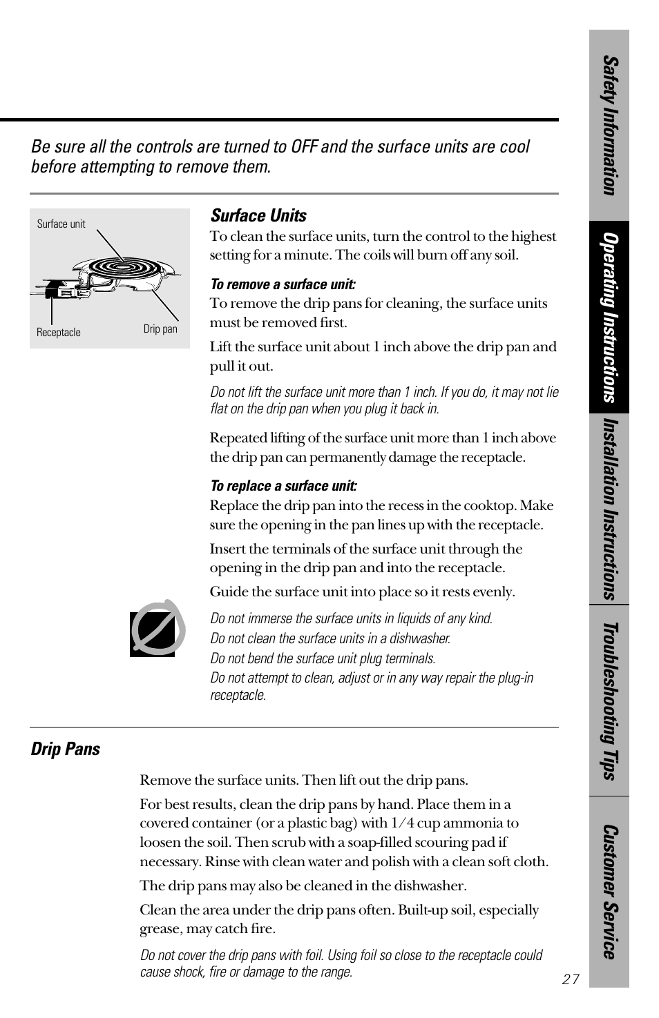 Drip pans | GE 164D3333P172 User Manual | Page 27 / 44