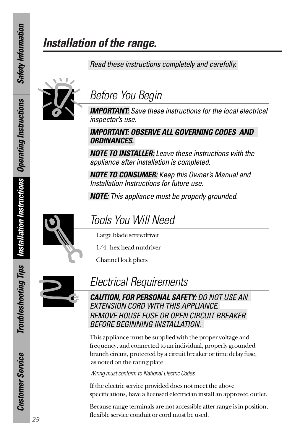 Before you begin, Installation of the range, Tools you will need electrical requirements | GE 164D3333P172 User Manual | Page 28 / 44