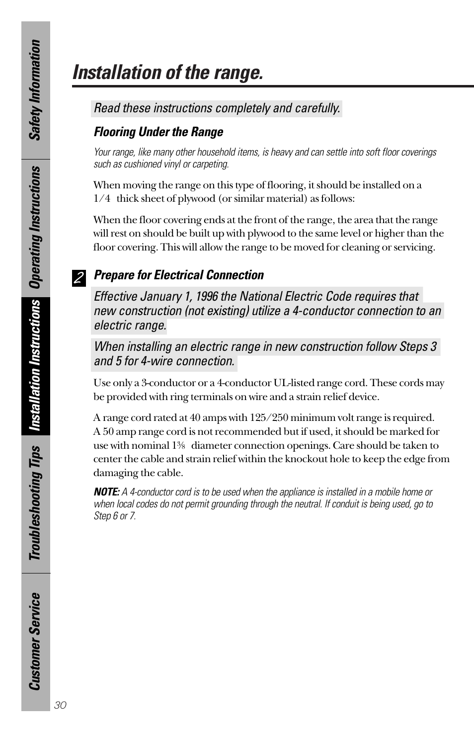 Flooring, Electrical connection, Flooring electrical connection –35 | Installation of the range | GE 164D3333P172 User Manual | Page 30 / 44