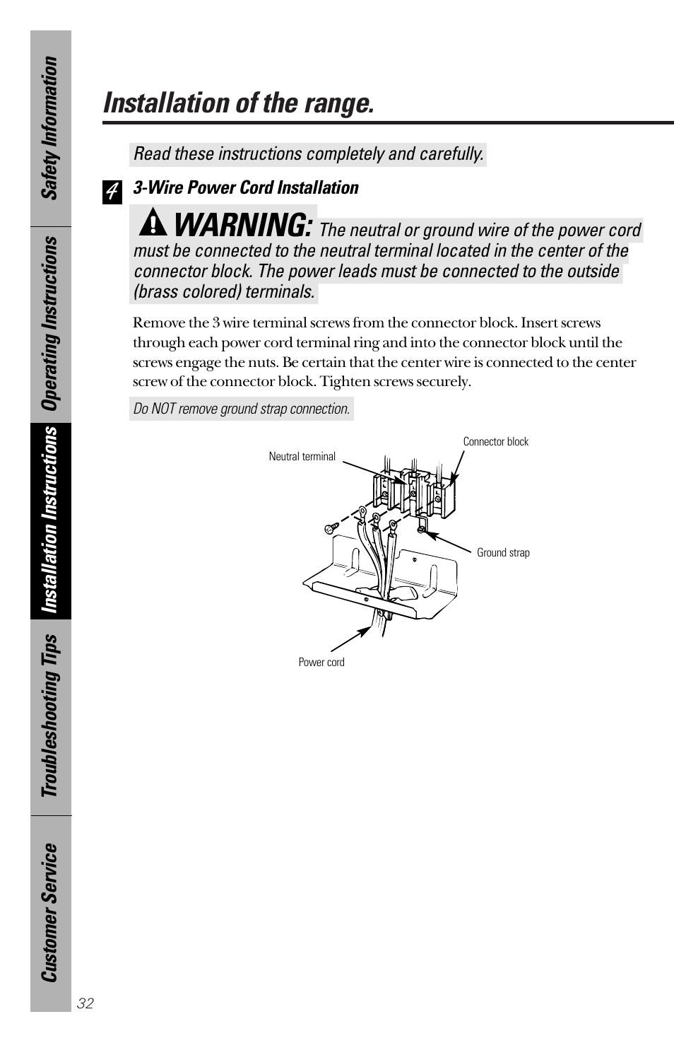 Warning, Installation of the range | GE 164D3333P172 User Manual | Page 32 / 44