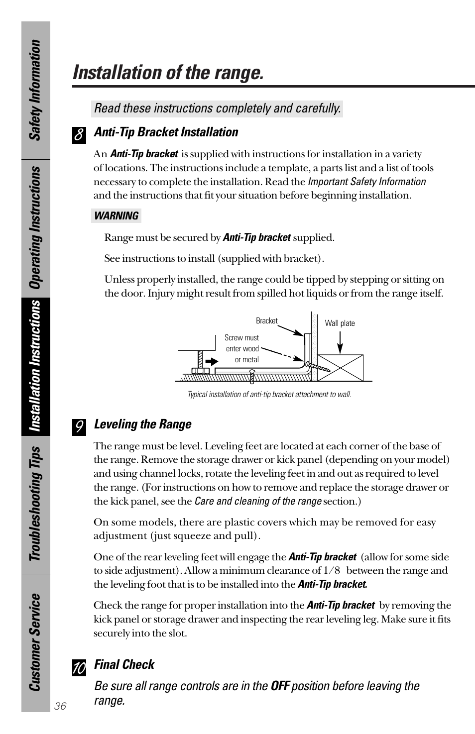 Anti-tip bracket, Leveling, Anti-tip bracket leveling | Installation of the range | GE 164D3333P172 User Manual | Page 36 / 44