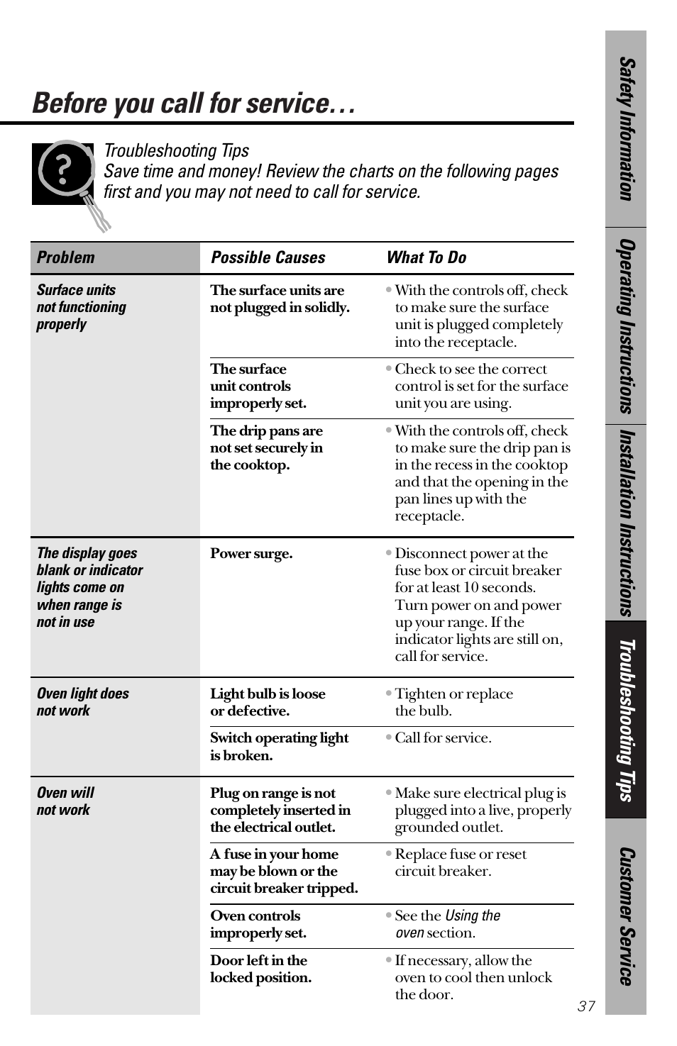 Before you call for service, Before you call for service –42 | GE 164D3333P172 User Manual | Page 37 / 44
