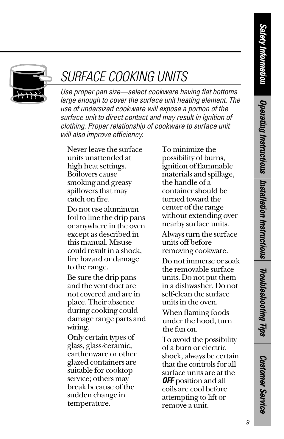 Surface cooking units, Surface cooking units , 10 | GE 164D3333P172 User Manual | Page 9 / 44