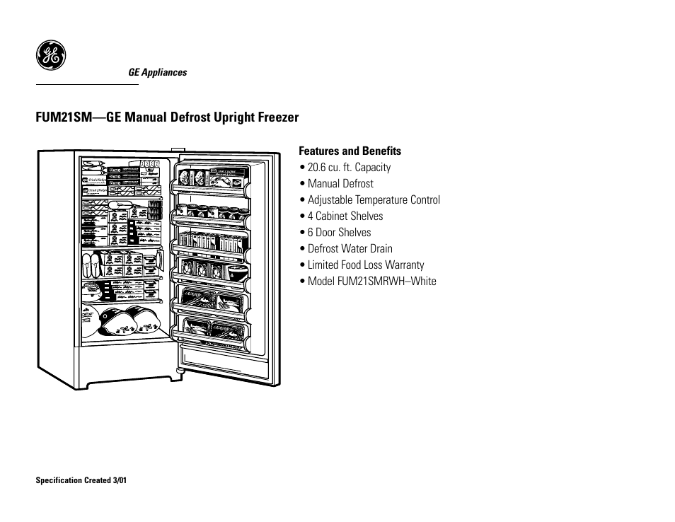 Fum21sm—ge manual defrost upright freezer | GE FUM21SMRWH User Manual | Page 2 / 2