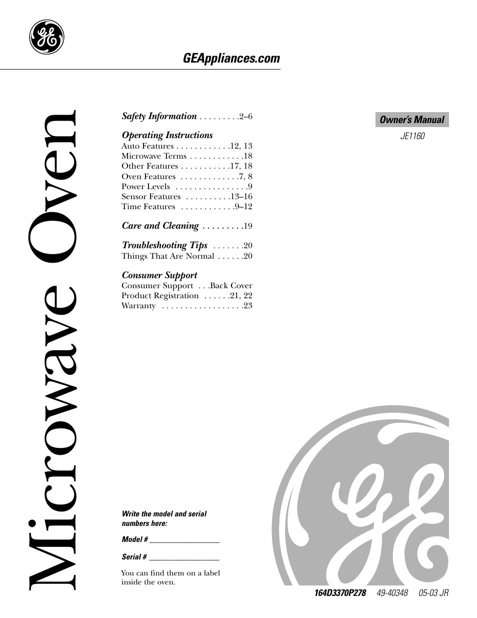 GE JE1160 User Manual | 24 pages