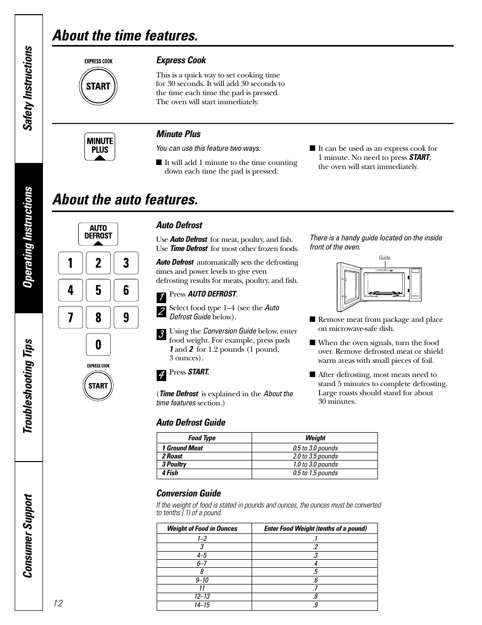 Auto features, Auto features , 13, About the time features | About the auto features | GE JE1160 User Manual | Page 12 / 24